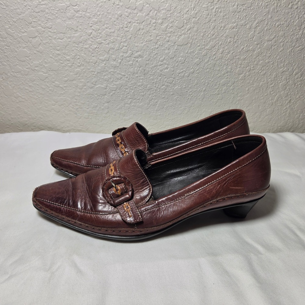 Pikolinos Brown Leather Buckle Woven Strap Kitten Heel Loafers Size 40